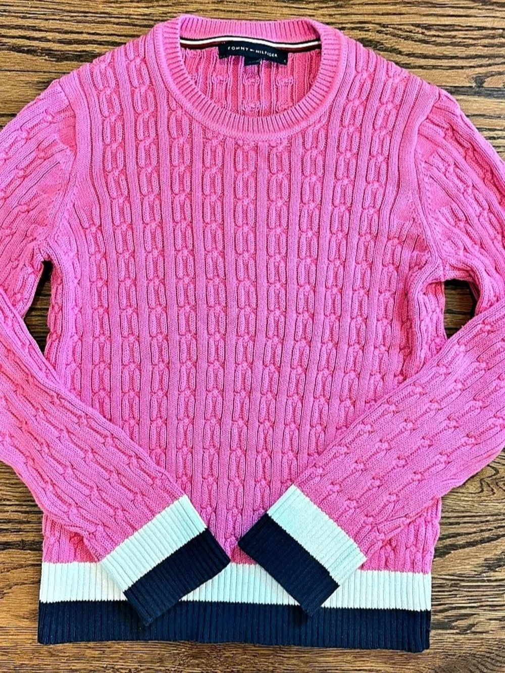 Tommy Hilfiger Pink Cable-Knit Crewneck with Navy White Trim Sweater, Medium